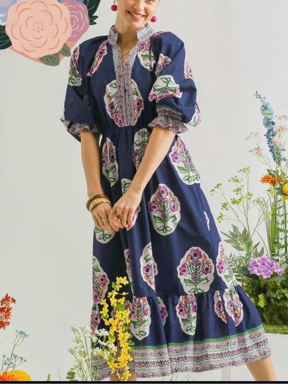 Umgee Navy Floral Maxi Dress with Pink & Green Motifs